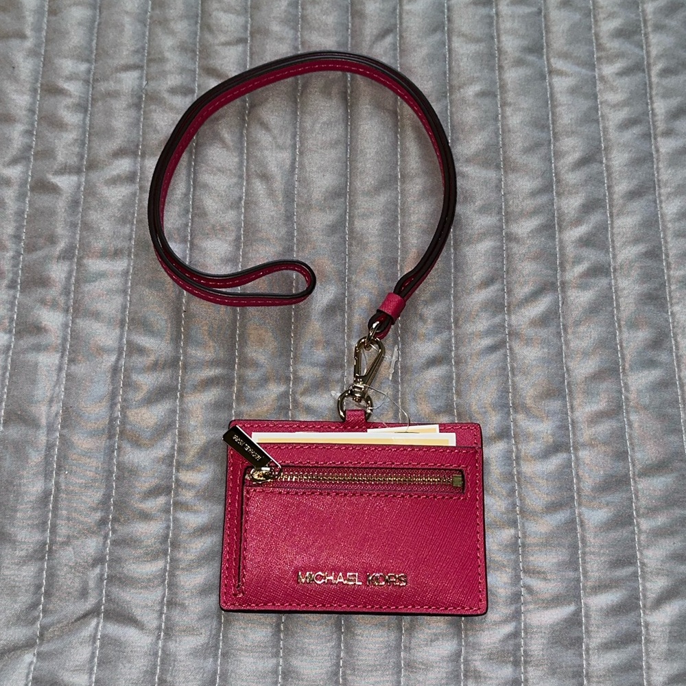 Michael Kors Carmine Pink Card Holder with Lanyard